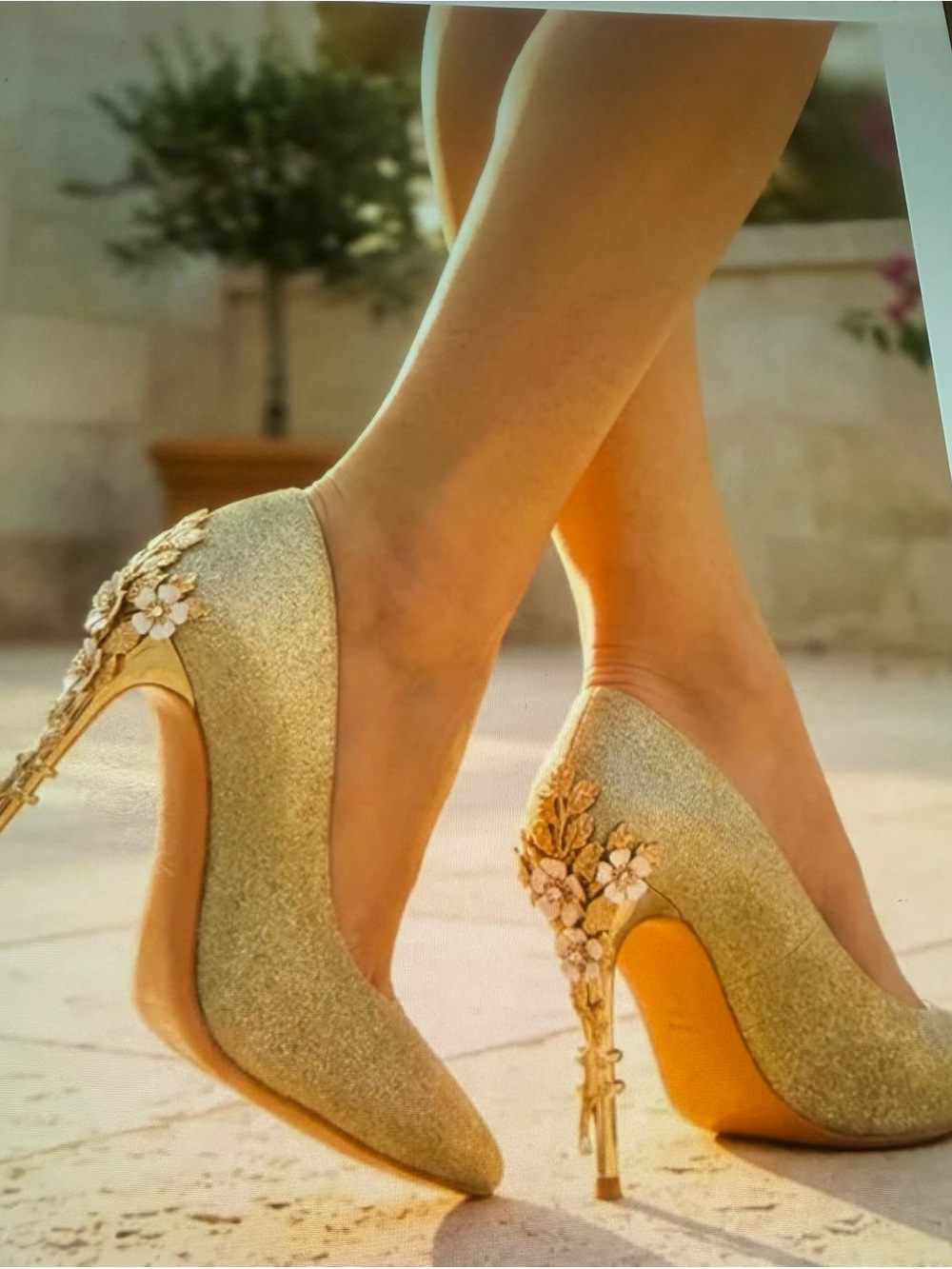 Gold Floral Embellished Women's High Heel Pumps